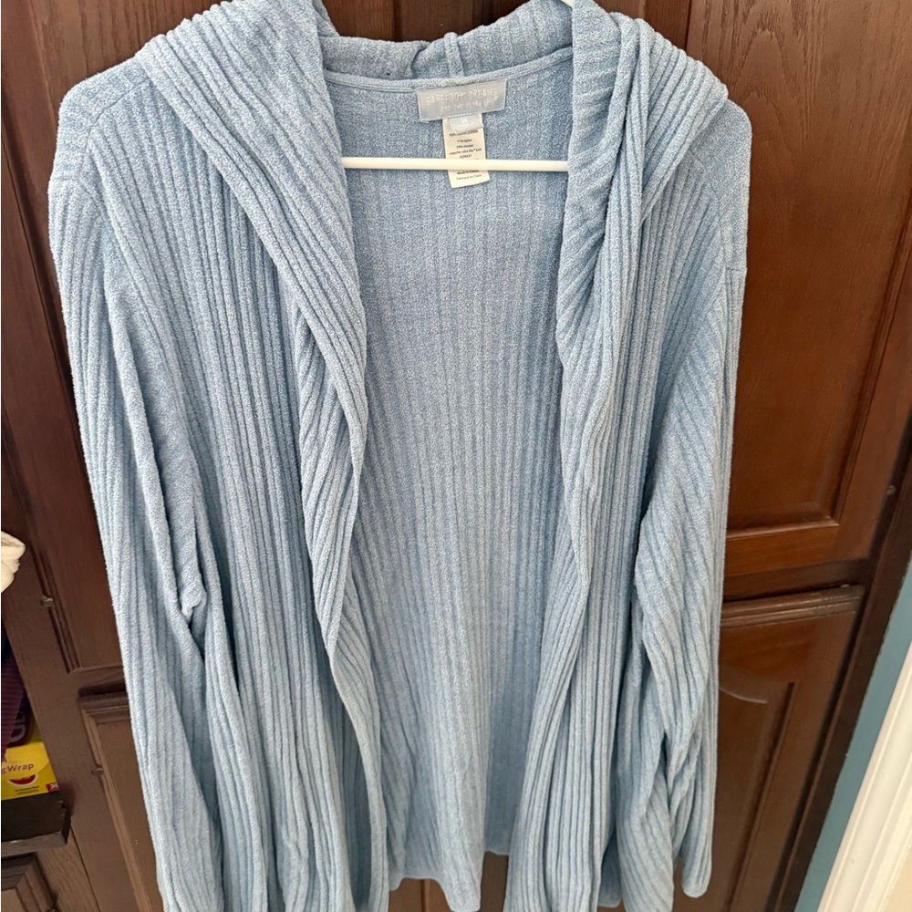 Barefoot Dreams Light Blue Ribbed Open-Front Hooded Women's Sweater 3x